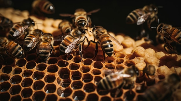 Abejas en un panal con la palabra abeja