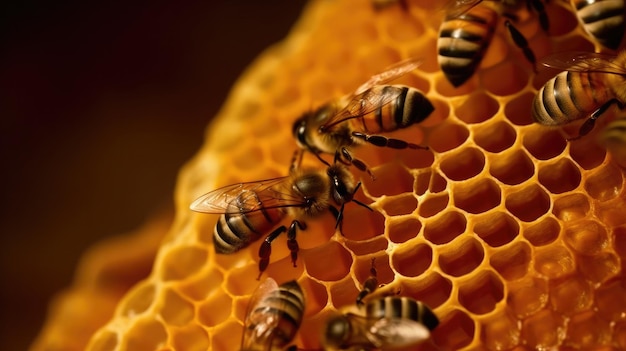 Abejas en un panal, con la palabra miel en la parte superior.