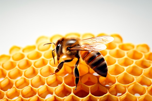 Abejas en panal sobre fondo blanco aislado Miel casera y abejas