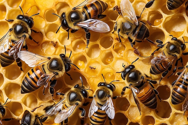 Las abejas polinizan el panal dorado al aire libre