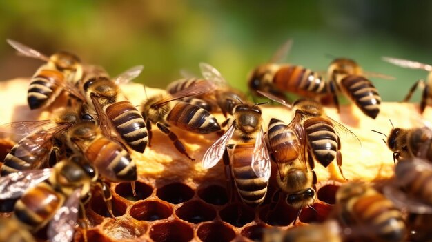 Foto las abejas y la producción de miel de cerca