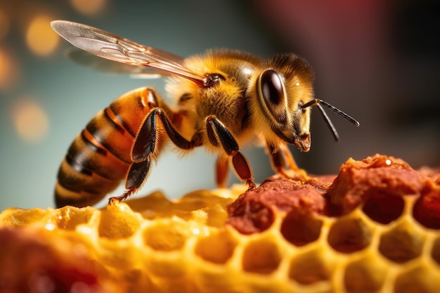 Foto las abejas y la producción de miel de cerca