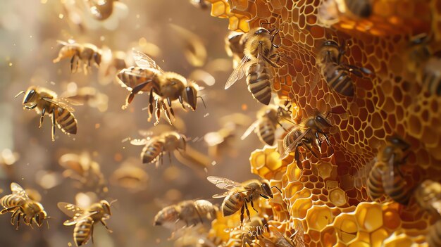 Las abejas que trabajan en un panal Las abejas están recogiendo néctar y polen de las flores y usándolo para producir miel