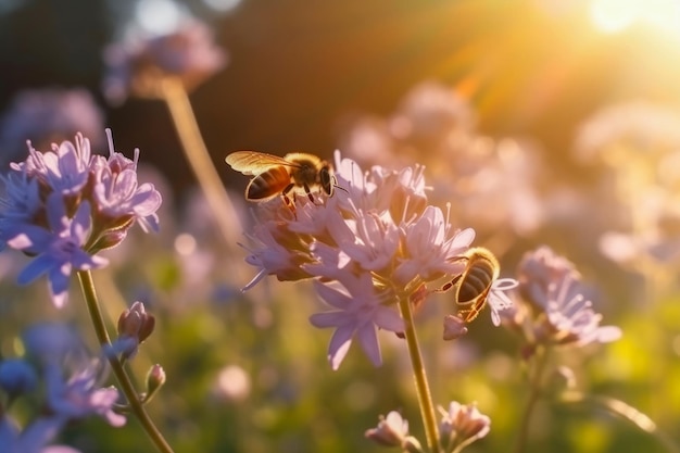 Abejas recolectando néctar de flores vibrantes en un prado de flores silvestres bañado por el sol