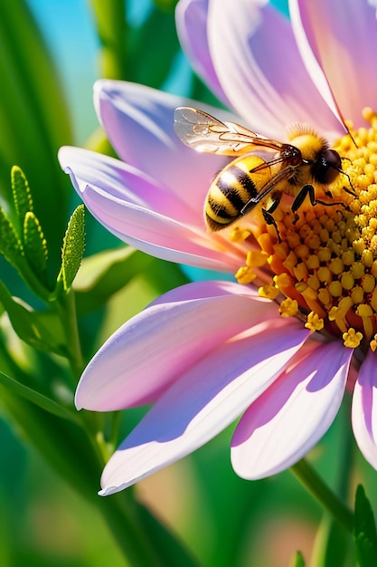 Las abejas trabajadoras recolectan néctar en los pétalos de las flores, las abejas aman el fondo del papel tapiz de los pétalos de las flores.