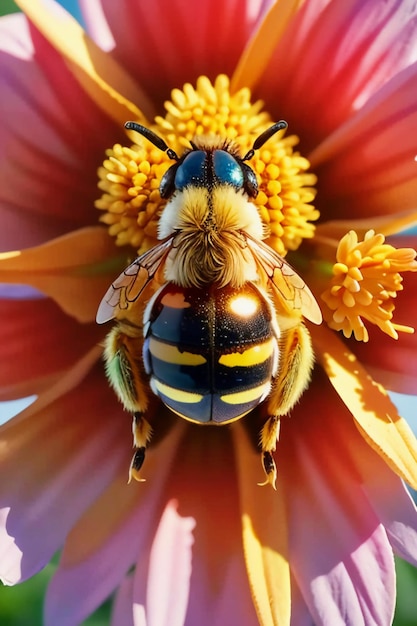 Foto las abejas trabajadoras recolectan néctar en los pétalos de las flores, las abejas aman el fondo del papel tapiz de los pétalos de las flores.