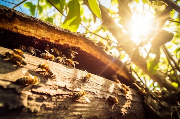 Abejas trabajando en una colmena ubicada en un árbol viejo que muestra armonía con la naturaleza