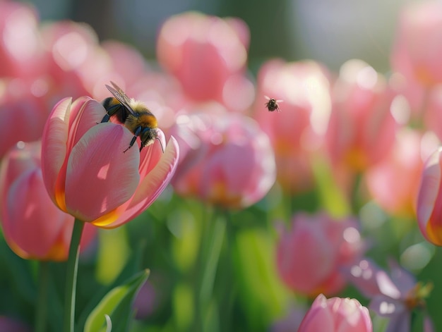 Abejas y tulipanes en el jardín de primavera