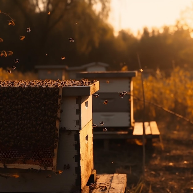 Foto abejas volando al atardecer