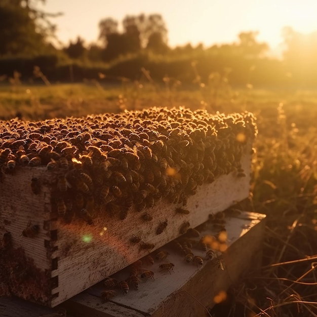 Abejas volando al atardecer