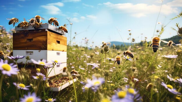 Abejas volando alrededor de una colmena blanca en un campo de flores púrpuras con un fondo borroso