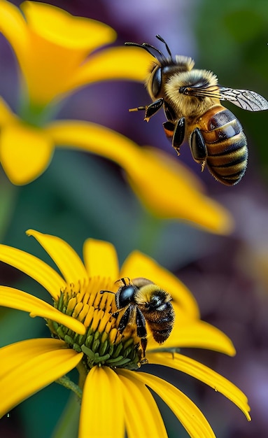 Abejas volando alrededor de una flor amarilla