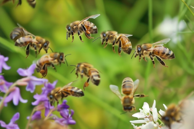 Las abejas volando de la colmena a las flores del jardín