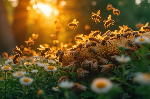 Las abejas zumbando alrededor de sus colmenas mientras la primera luz del día baña la escena en un cálido resplandor