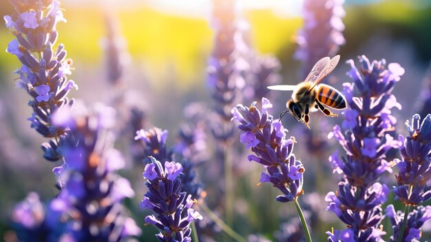 Foto las abejas zumbando alrededor de vibrantes campos de lavanda una sinfonía de la naturaleza armonía primaveral