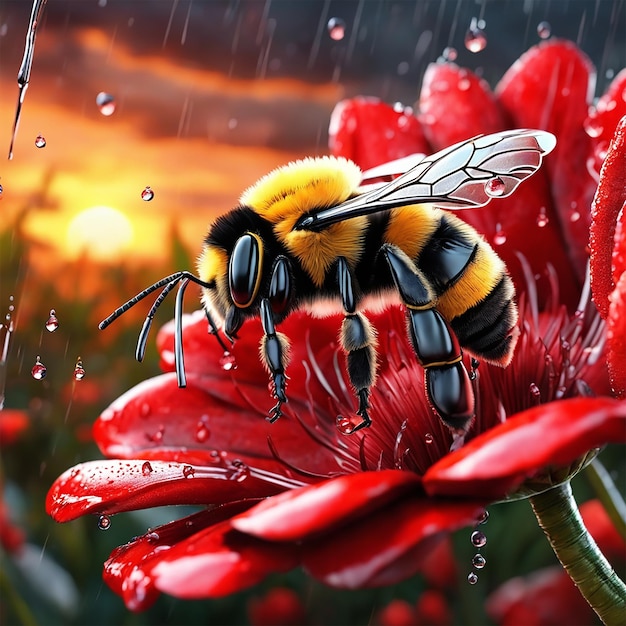 abejorro durmiendo en una flor roja lloviendo gotas cayendo de las hojas puesta de sol luz pantano fondo