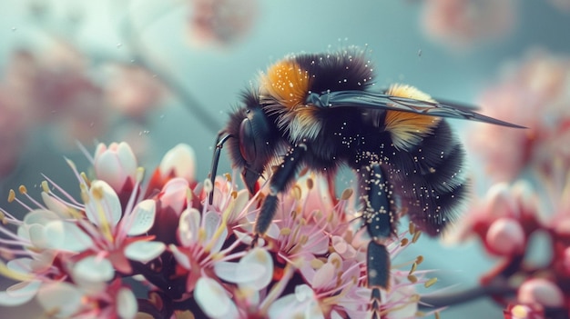 un abejorro está comiendo néctar de una flor