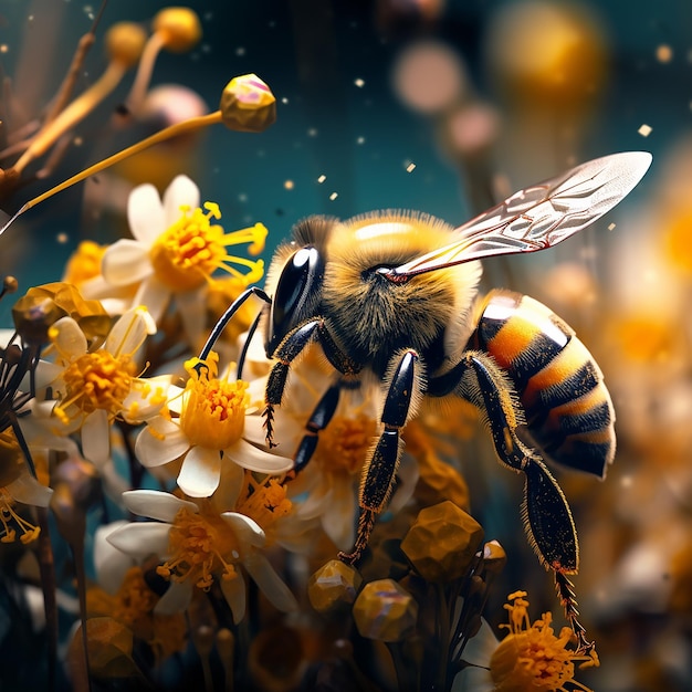 abejorro que recoge el polen en las flores de primavera generadas a través de un proceso generativo