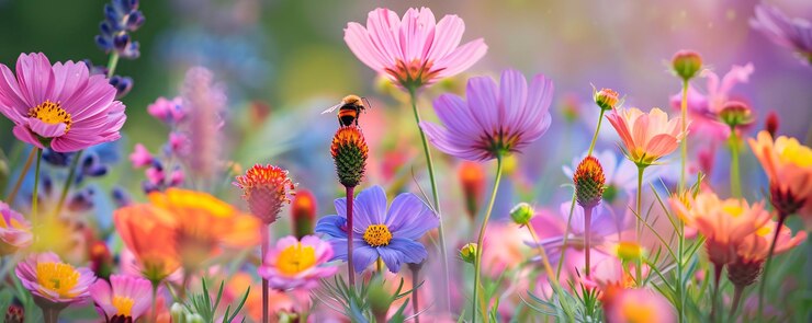 El abejorro recoge el polen en un vibrante campo de flores que se calientan bajo el sol de verano