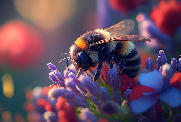 Un abejorro recogiendo néctar de flores de colores