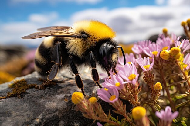 El abejorro sentado en una flor en la naturaleza