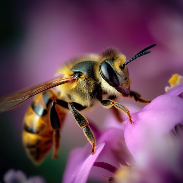 Abelha coleta pólen e néctar na visão macro de abelhas de flores IA generativa