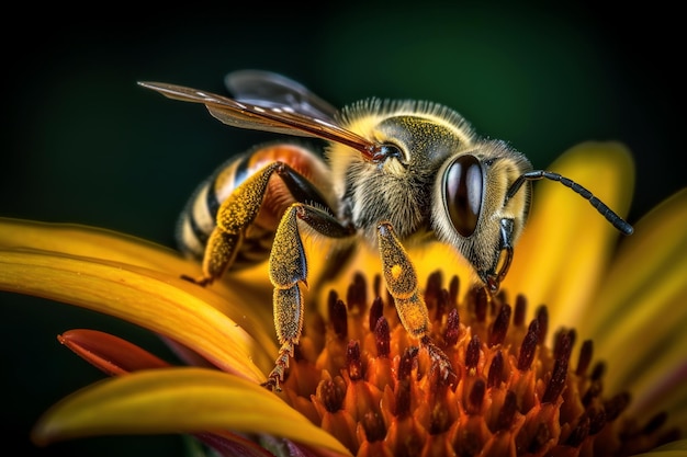 Abelha coleta pólen e néctar na visão macro de abelhas de flores IA generativa