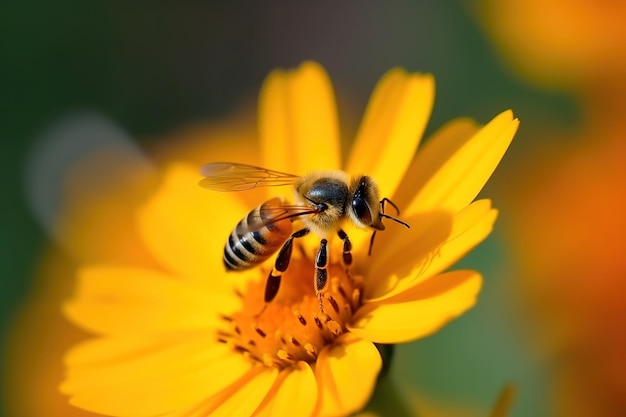 Abelha coleta pólen e néctar na visão macro de abelhas de flores IA generativa