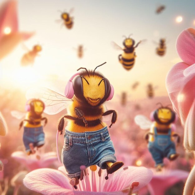 Foto abelha cômica feliz usando fones de ouvido jeans e tênis em flor ao nascer do sol macro close up shot