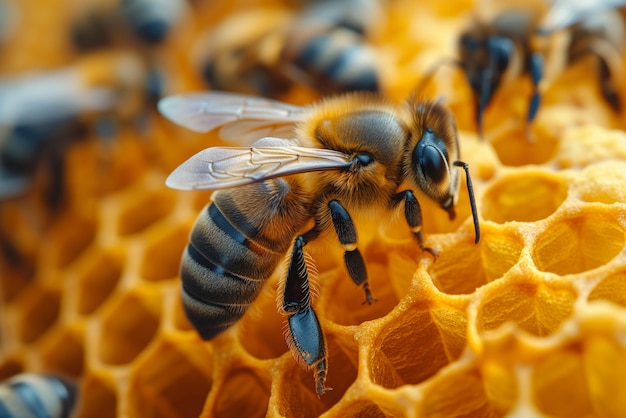 Abelha construindo células de mel em close de um inseto de favo de mel em uma apicultura ou apicultura
