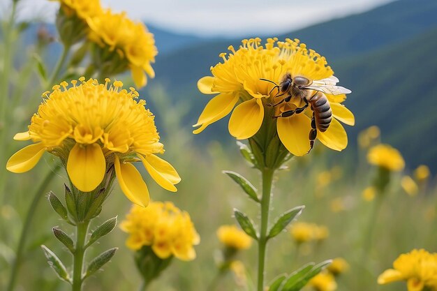 Foto abelha de mel em flor amarela coleta pólen bandeira de paisagem de natureza selvagem