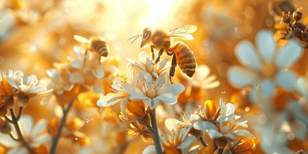 Abelha e flor As abelhas coletam mel em flores amarelas em um dia ensolarado e brilhante