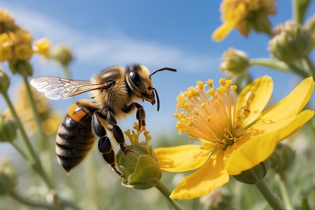 Foto abelha e flor de perto de uma grande abelha listrada coleta mel em uma flor amarela em um dia ensolarado e brilhante