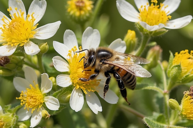 Foto abelha e flor de perto de uma grande abelha listrada coleta mel em uma flor amarela em um dia ensolarado e brilhante