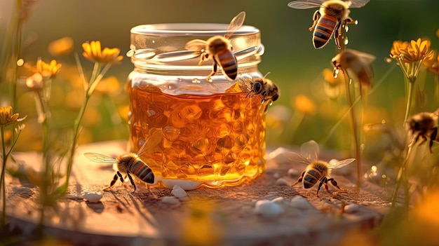 Abelha em close-up sentada em um frasco de mel com fundo natural