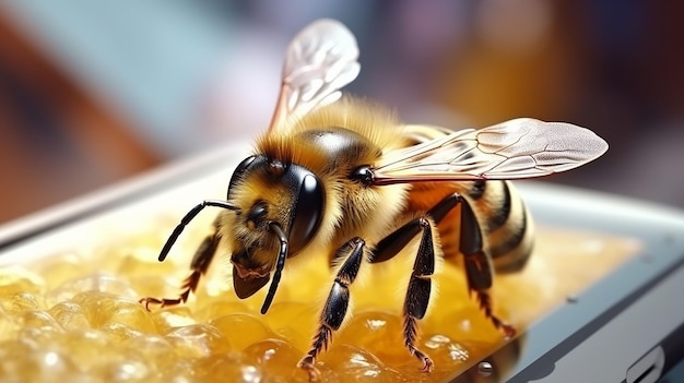 Abelha em favo de mel em um close-up de telefone celular