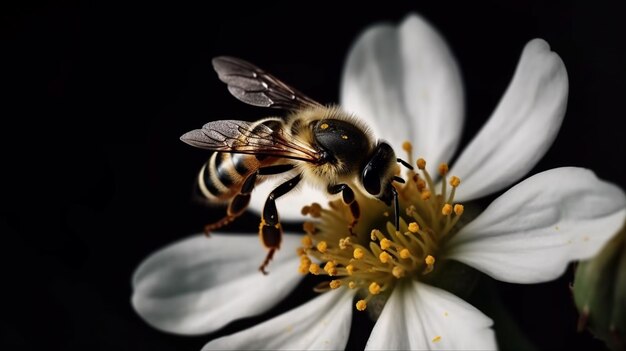 Abelha em uma flor branca closeup seletiva generativa ai