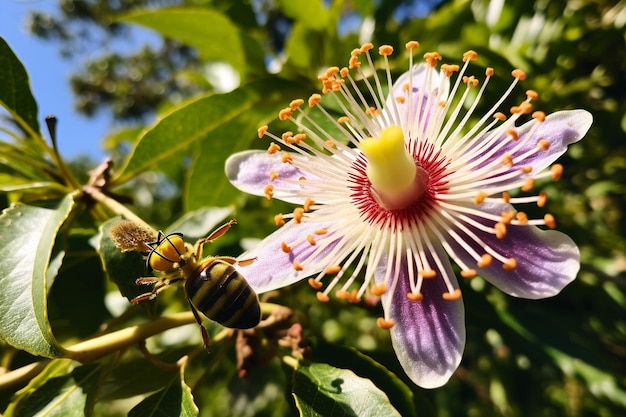 Abelha em uma flor de fruta da paixão exibindo plantas exóticas