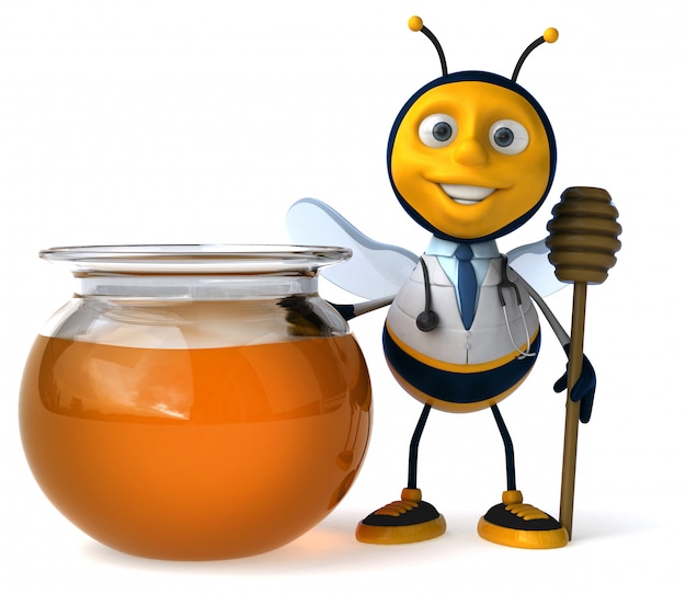 abelha ilustrada engraçada vestida como um médico perto de um pote com mel