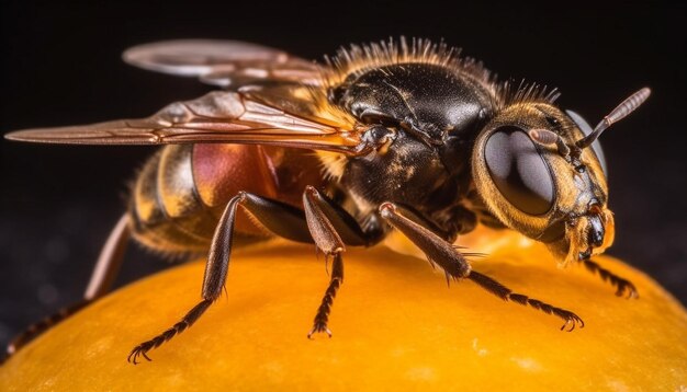 Abelha pequena coletando pólen em flor amarela na natureza macro gerada por IA