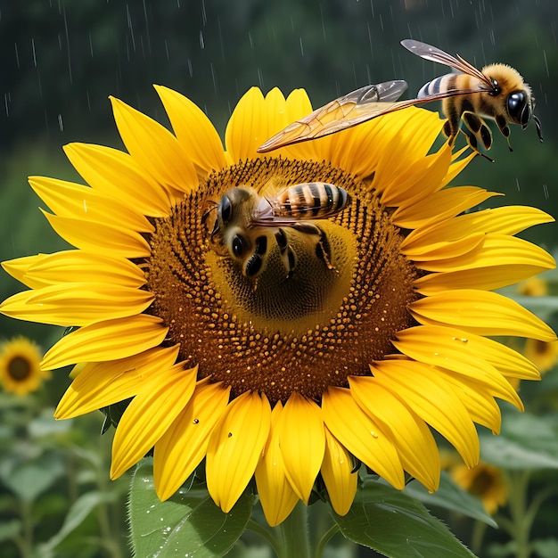 Foto abelha sentada em girassol na chuva ai