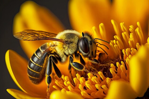 Abelha trabalhadora coleta pólen em pétalas de flores de abelhas amarelas criadas com ai generativo