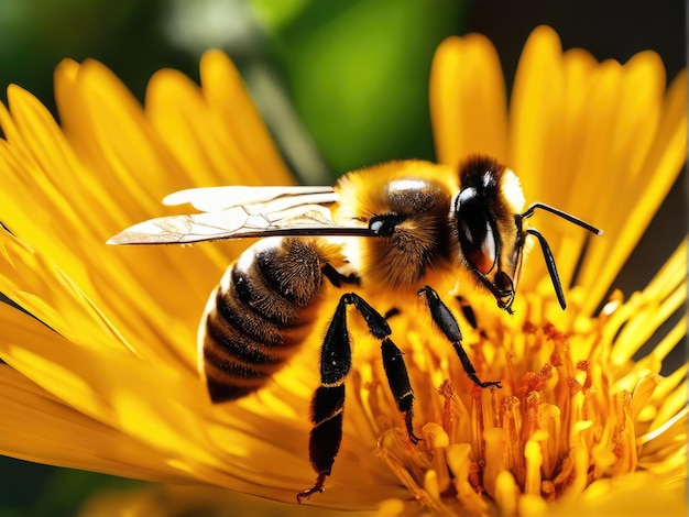 Abelha voadora coletando pólen na flor amarela Abelha voando sobre a flor