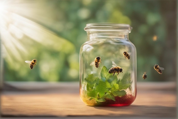 Foto abelha voando para fora de uma jarra de vidro em uma cesta de vidro verde e vermelho e luz difusa do reflexo da lente