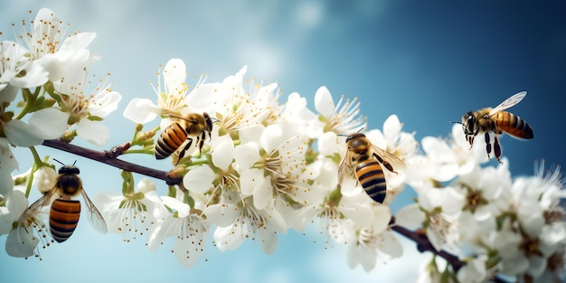 Abelhas coletando néctar em flores contra o fundo do céu azul Generative AI