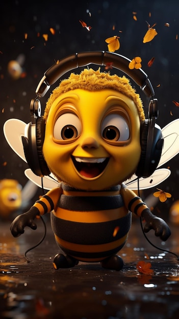 Foto abelhas de desenho animado cumprimentam fones de ouvido com lápis na mão, inspiração melódica desperta oi artístico vertical mo