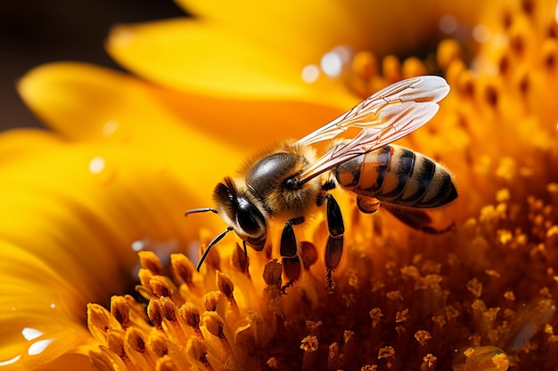 Abelhas ocupadas colhem néctar de girassol envolto em pólen dourado, uma sinergia vibrante