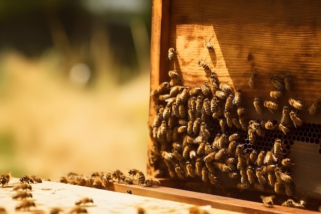 Abelhas sentadas na entrada da colmeia conceito de apicultura