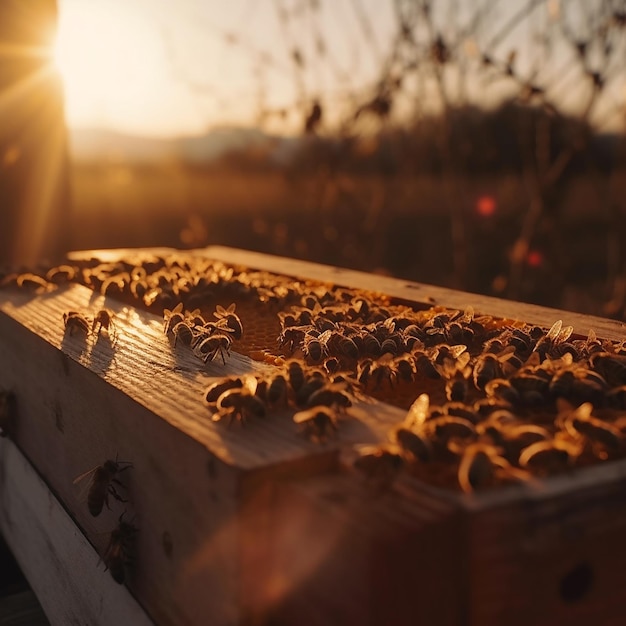 Abelhas voando ao pôr do sol