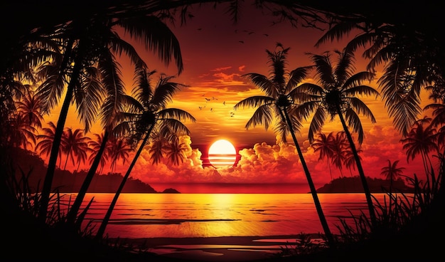 Foto abend am strand mit palmen buntes bild zum ausruhen blaue palmen bei sonnenuntergang